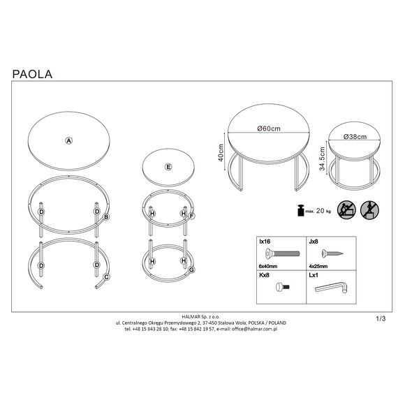 Комплект PAOLA (2 стола журнальных) белый мрамор/золотой, 60/40 и 38/34, изображение 11