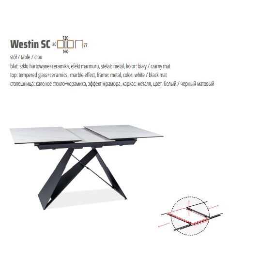 Стол обеденный SIGNAL WESTIN SC эффект белого мрамора/черный мат 120-160/80, изображение 6