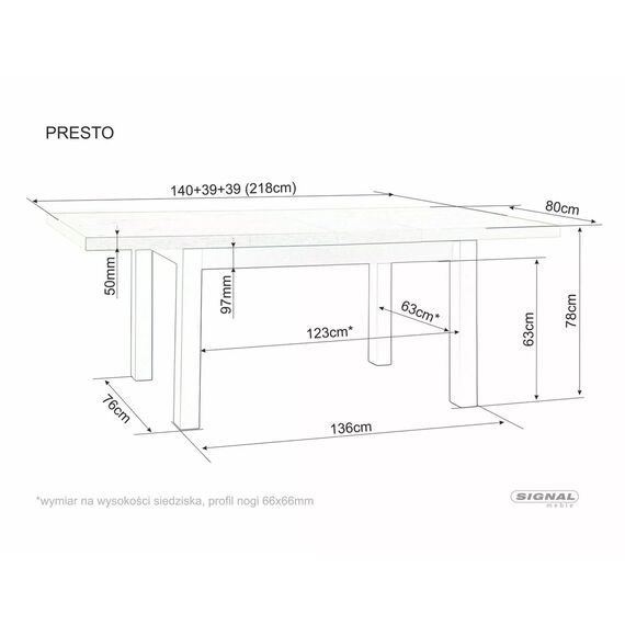 Стол обеденный SIGNAL PRESTO дуб артизан/черный 140-218/80, изображение 3