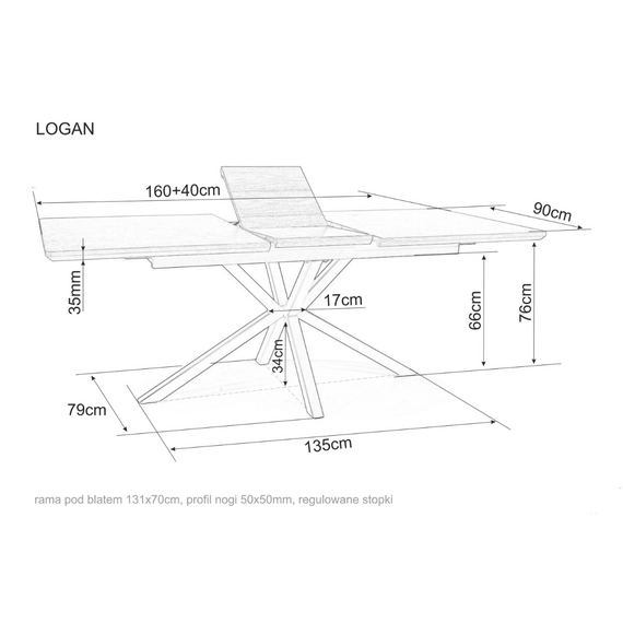 Стол обеденный SIGNAL LOGAN орех/черный 160-200/90, изображение 5