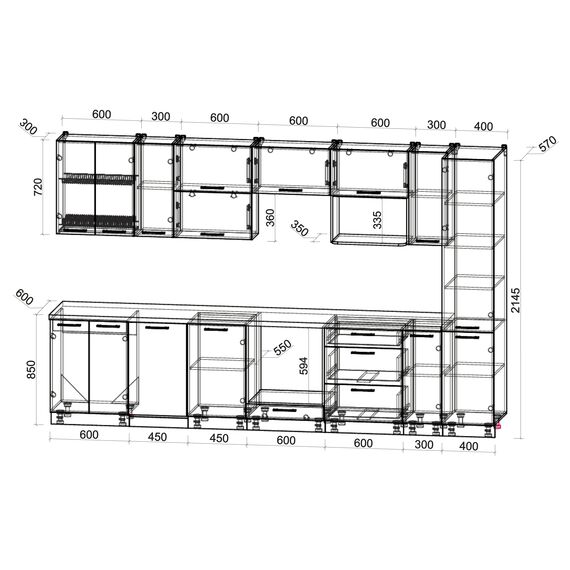 Кухня Мила Глосс ПМ 4 (дуб вотан/капучино глянец), Размеры: Размер 3,4 м